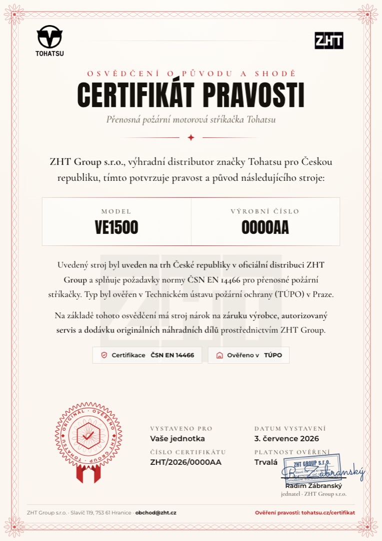 Vzor certifikátu pravosti Tohatsu — oficiální dokument ZHT Group s pečetí a podpisem